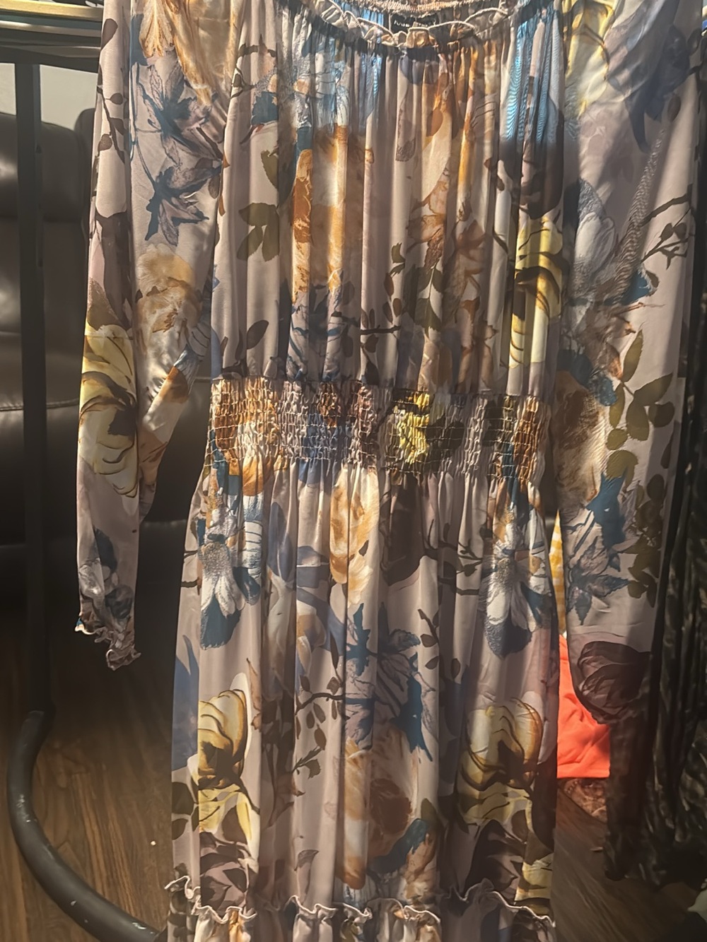 Floral Long Sleeve Smocked Waist Maxi Dress - Blue, Yellow, Taupe